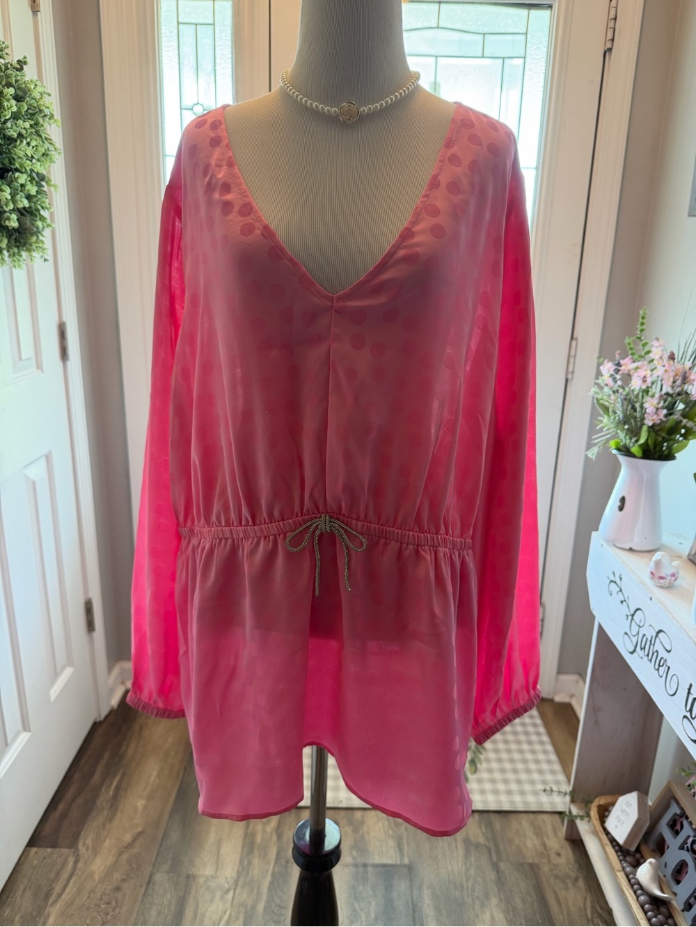 Cato Hot Pink Sheer V-Neck Drawstring Tunic